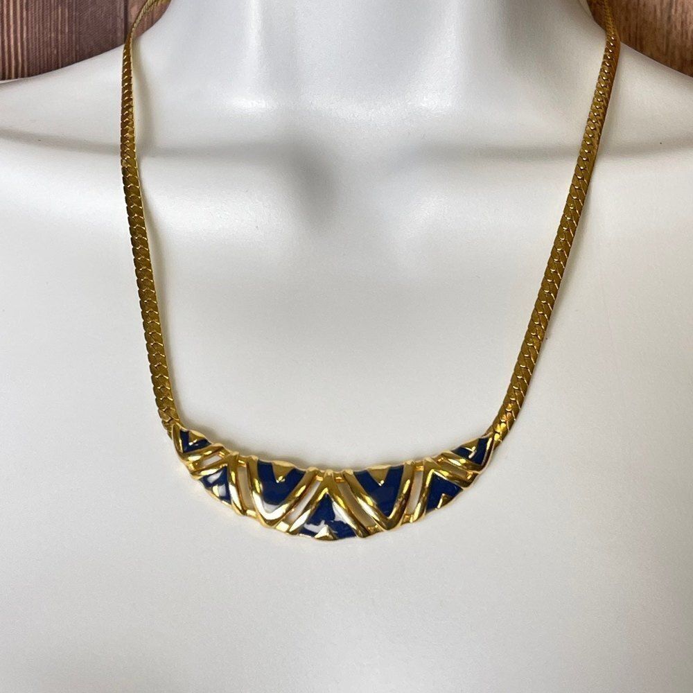 Blue Enamel with Gold Metal Art Deco Link Herringbone Chain Necklace